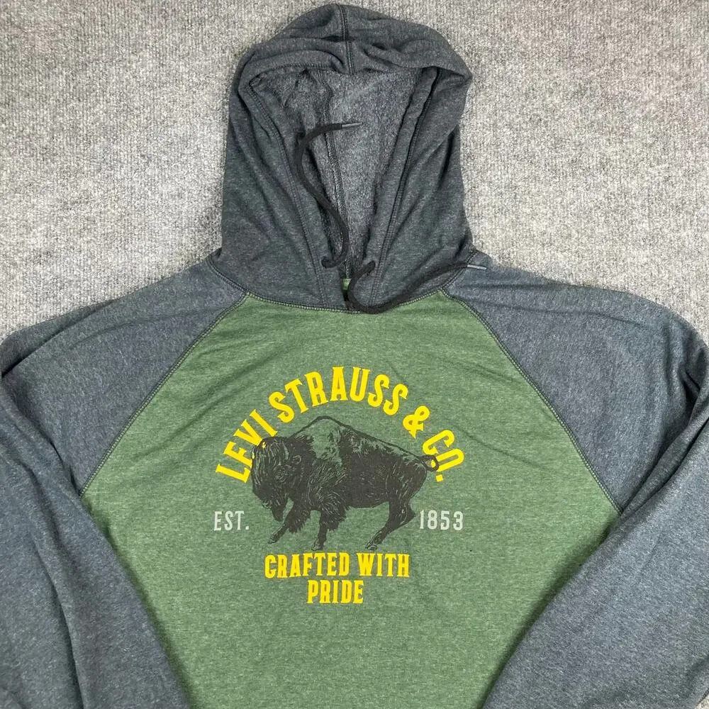 Levi's Hoodie Mens Size XXL Green Gray Buffalo‎ Graphic Pullover Sweatshirt